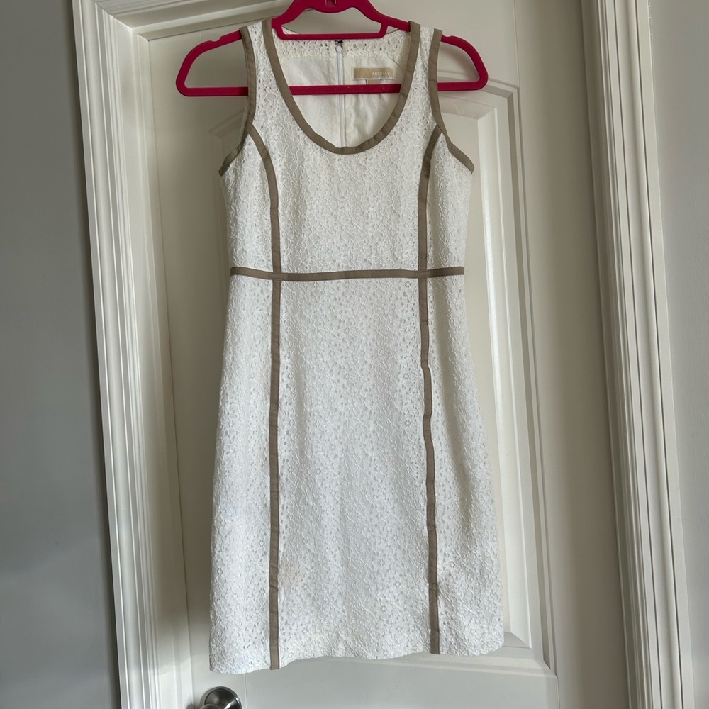 Michael Kors White Eyelet Lace Sheath Dress with Contrast Piping